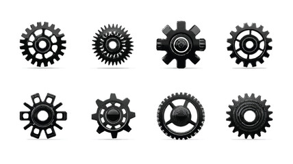 Set of various black gear wheels on white background