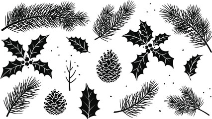 A collection of festive winter holiday elements including pine branches, holly, and pinecones.
