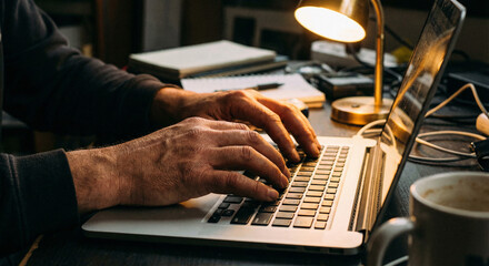 Close-up of hands typing on a laptop at a desk illuminated by a warm desk lamp. Remote work and productivity concept showing focused late-night work in a home office environment.