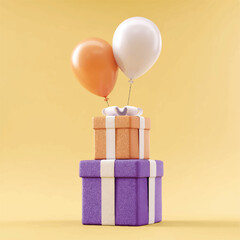 Two colorful presents with white and orange balloons on top  celebration concept