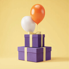 Two purple gifts with gold ribbons and two colorful balloons on top