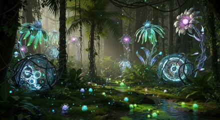 Glowing fantasy forest with plants.