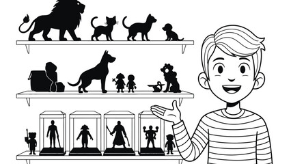 A young boy proudly displays his collection of figurines and animal silhouettes.
