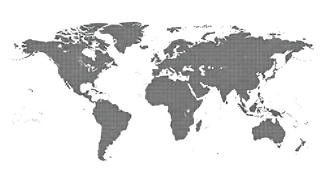 Halftone world map, dotted globe design, abstract geographic layout, global continent pattern, modern earth silhouette, data visualization graphic -flat vector illustration
