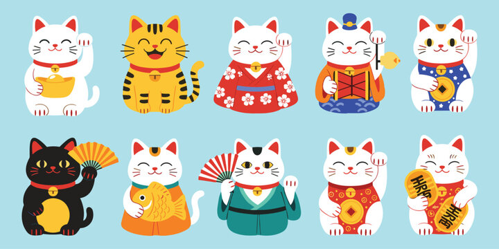 Maneki-neko lucky cat icons, Japanese fortune symbols, cultural mascot illustrations, prosperity charm graphics, traditional beckoning cats -flat vector illustration
