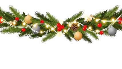 Christmas decoration with pine branches, ornaments, holly, and fairy lights on white background
