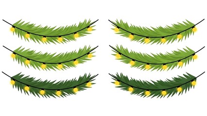 Six pine branches with yellow string lights on a white background