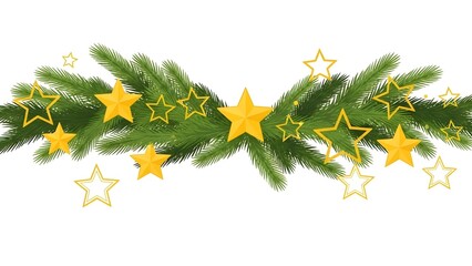 Green fir branches with golden stars on white background festive decoration