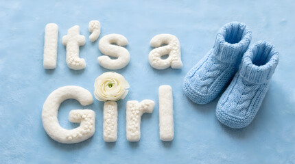  white, textured letters spelling "it's a Girl" with a small yellow rose, and a pair of blue knitted baby booties on a light blue background.