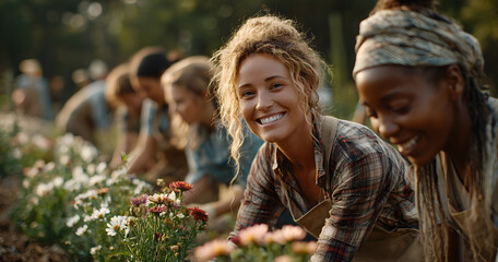 Volunteer, team and portrait of women with plants at park for gardening, earth day or sustainability in nature. Smile, people and flowers for community service, environment and conservation charity