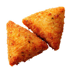 Two golden fried triangles, savory appetizers against black backdrop