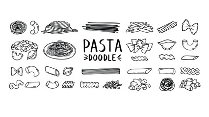 A variety of hand-drawn pasta shapes are displayed against a white background.