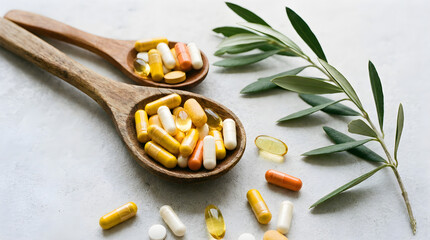 Two wooden spoons filled with assorted multicolored vitamins on a light marble surface, surrounded by green olive branches and scattered capsules.