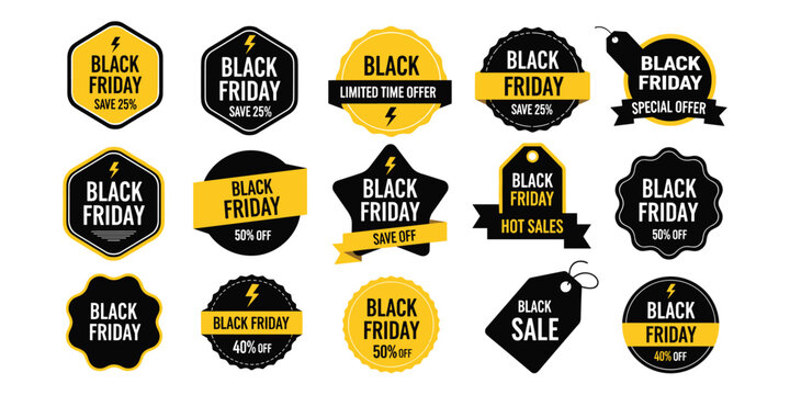 Black Friday sale badges, discount labels, promotional stickers, retail marketing graphics, ecommerce icons, special offer tags, shopping deal elements -flat vector illustration