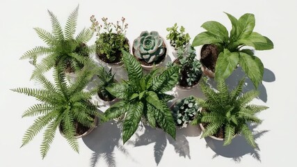 An artful overhead arrangement of diverse green houseplants and delicate succulents in small pots, creating a fresh, tranquil, and natural decorative display on a bright white surface