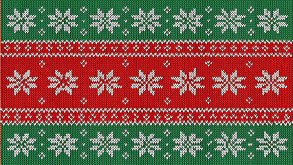 A horizontal Christmas ugly sweater pattern with white snowflakes on a green and red knitted background.