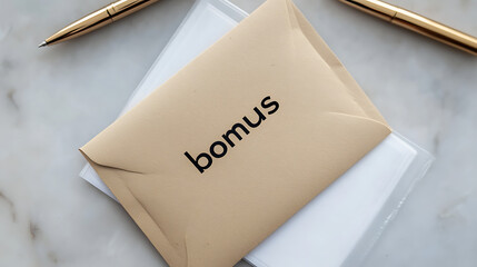 A bonus concept with a tan envelope on a marble table and a golden pen. An envelope with text. Symbolizes work appreciation, financial reward and incentive programs.