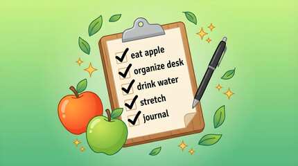 A colorful digital illustration featuring a clipboard with "eat apple, organize deck, drink water, stretch, journal" tasks, surrounded by apples, leaves, and a pen.