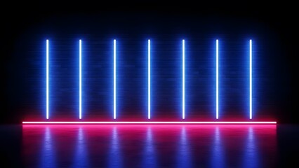 Neon light installation with blue vertical bars and red horizontal bar