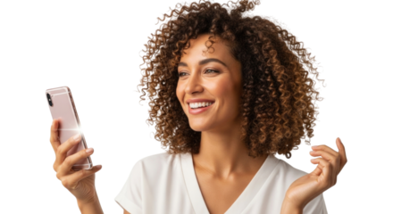 Woman holding a smartphone transparent background cutout png