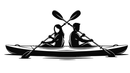 Two people paddle a tandem kayak across the water.