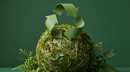  a moss-covered sphere with a green leafy design, set against a solid green background.