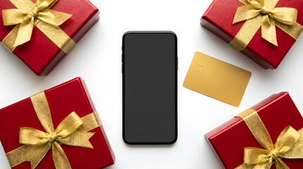 Four red gift boxes with gold bows, a black smartphone, and a gold credit card are arranged symmetrically on a white background.