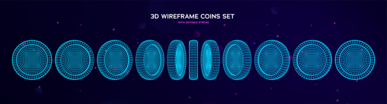 Wireframe 3D Coins on Dark Background Turntable With Editable Stroke For Animation, Game Design And Digital Modeling, Featuring Multiple Rotational Views. Wireframes Money Concept. Vector Illustration
