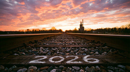 railway tracks leading to a distant church steeple at sunset, with "2026" marked in white paint on the tracks.