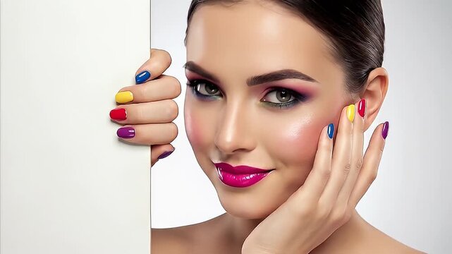 Stunning young woman showcases vibrant multicolor nail art and dramatic smoky eye makeup while peeking from behind a white blank space