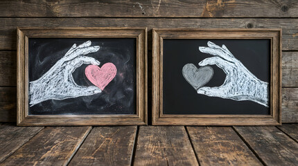 Two square, framed blackboards display hand-drawn chalk art of a pink heart in the left and a gray heart in the right, resting on an open hand