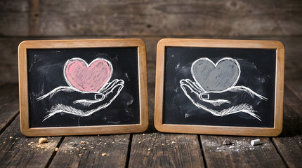 Two square, framed blackboards display hand-drawn chalk art of a pink heart in the left and a gray heart in the right, resting on an open hand