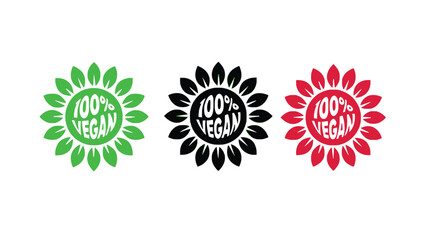 Three stylized 100% vegan badges in green, black, and red.