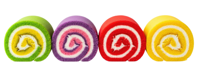 Four colorful swiss rolls transparent background cutout png