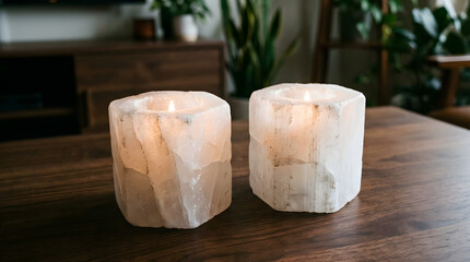 Two clear, hexagonal salt candles on a wooden table, with a blurred background of a modern living room featuring a wooden cabinet and green potted plants.