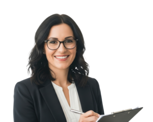 Smiling woman with glasses holding clipboard transparent background cutout png