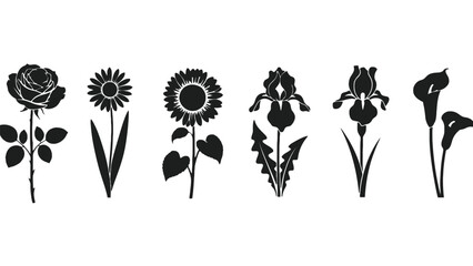 A collection of six black silhouette flower illustrations on a white background.