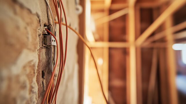 Interior construction featuring wiring and wooden framework showcases the initial stages of building, highlighting the interplay of electrical infrastructure with structural elements.
