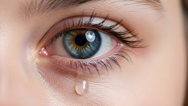 Extreme macro close-up of a striking, multi-colored eye (blue/gold iris) with long eyelashes, featuring a single, clear tear drop rolling down the lower lid. The image captures a moment of deep emoti