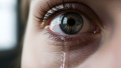 A hyper-realistic, extreme macro close-up of a human eye with a green/hazel iris, showcasing long eyelashes and a single tear streaming down the cheek, illustrating intense emotion, sadness, and pain