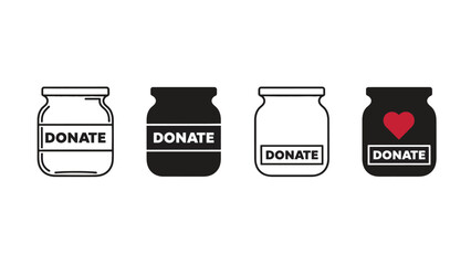Four donation jars with the word donate and one with a heart symbol.