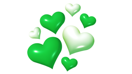 Collection of green and white hearts in various shades on transparent background