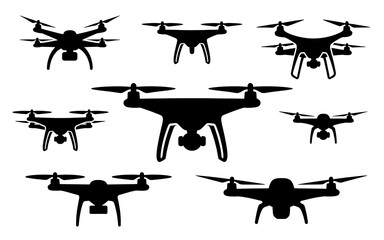 A collection of stylized drone silhouettes is presented against a stark white background, rendered in solid black with clean, minimalistic forms. The drones are depicted in various orientations 