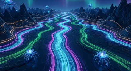 Glowing neon light trails landscape.