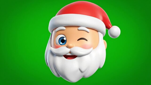 3D animation Santa Claus face with a white beard and red hat gives a friendly wink and a wide smile against a green screen background.