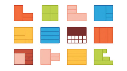 Colorful geometric shapes arranged in a grid perfect for design on transparent background