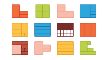 Colorful geometric shapes arranged in a grid perfect for design on transparent background