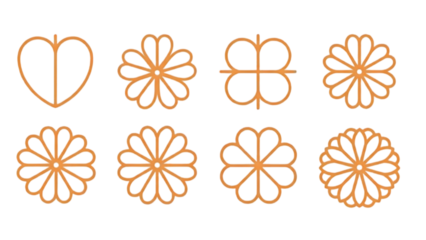 Eight orange floral line art designs various shapes isolated on transparent background