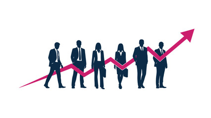 Business professionals walk along a rising graph indicating growth and success.
