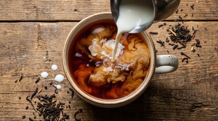 Pouring fresh milk from a pitcher into a cup of dark black tea creating swirls on a rustic wood surface